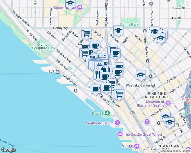 map of restaurants, bars, coffee shops, grocery stores, and more near 2225 1st Avenue in Seattle