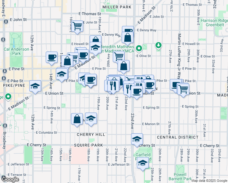 map of restaurants, bars, coffee shops, grocery stores, and more near 2018 East Union Street in Seattle