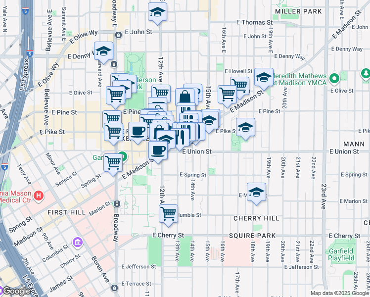 map of restaurants, bars, coffee shops, grocery stores, and more near 1325 East Madison Street in Seattle