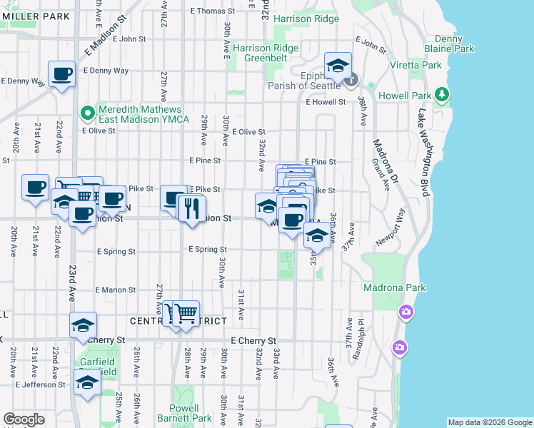 map of restaurants, bars, coffee shops, grocery stores, and more near 1403 33rd Avenue in Seattle