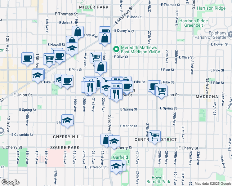 map of restaurants, bars, coffee shops, grocery stores, and more near in Seattle