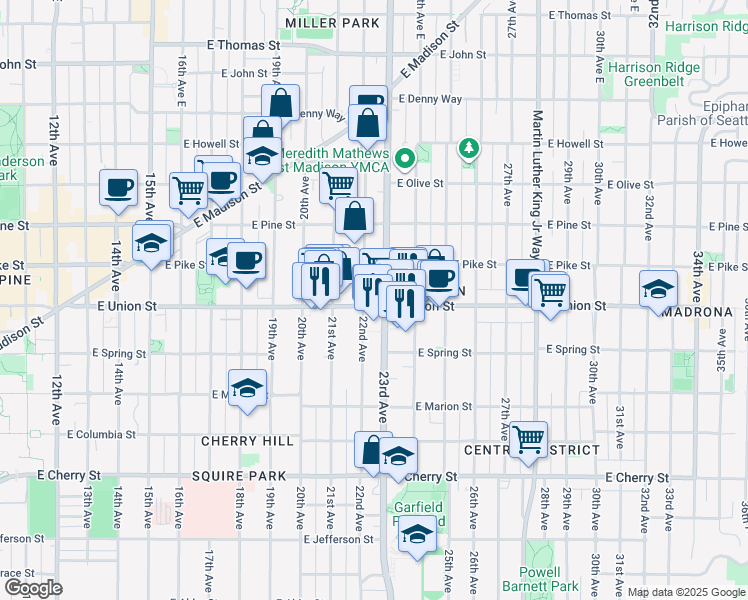 map of restaurants, bars, coffee shops, grocery stores, and more near in Seattle