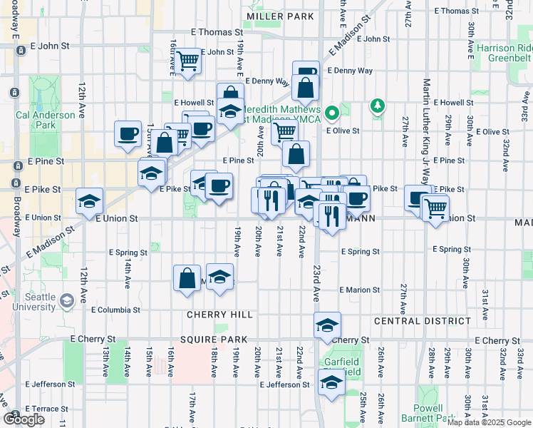 map of restaurants, bars, coffee shops, grocery stores, and more near 2018 East Union Street in Seattle