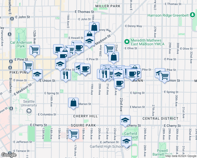 map of restaurants, bars, coffee shops, grocery stores, and more near in Seattle
