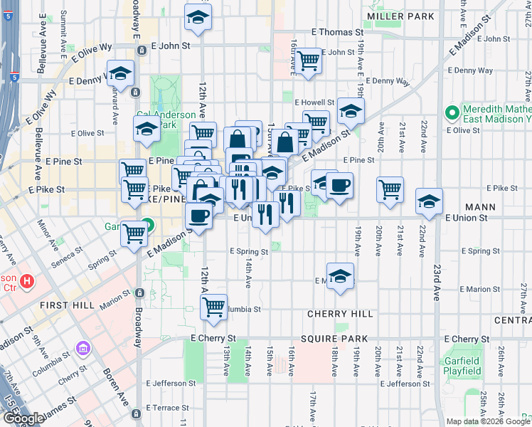 map of restaurants, bars, coffee shops, grocery stores, and more near 1422 East Union Street in Seattle
