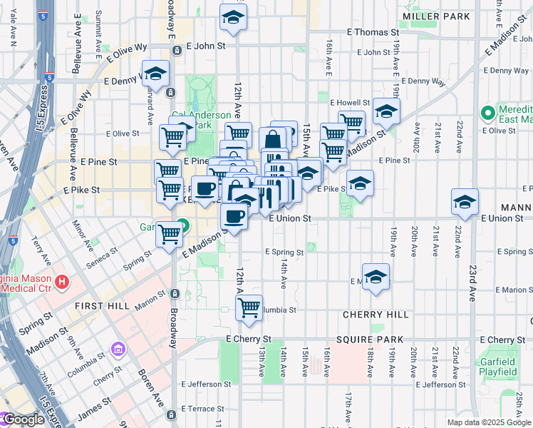 map of restaurants, bars, coffee shops, grocery stores, and more near 1325 East Madison Street in Seattle