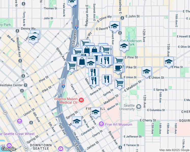 map of restaurants, bars, coffee shops, grocery stores, and more near 508 East Union Street in Seattle