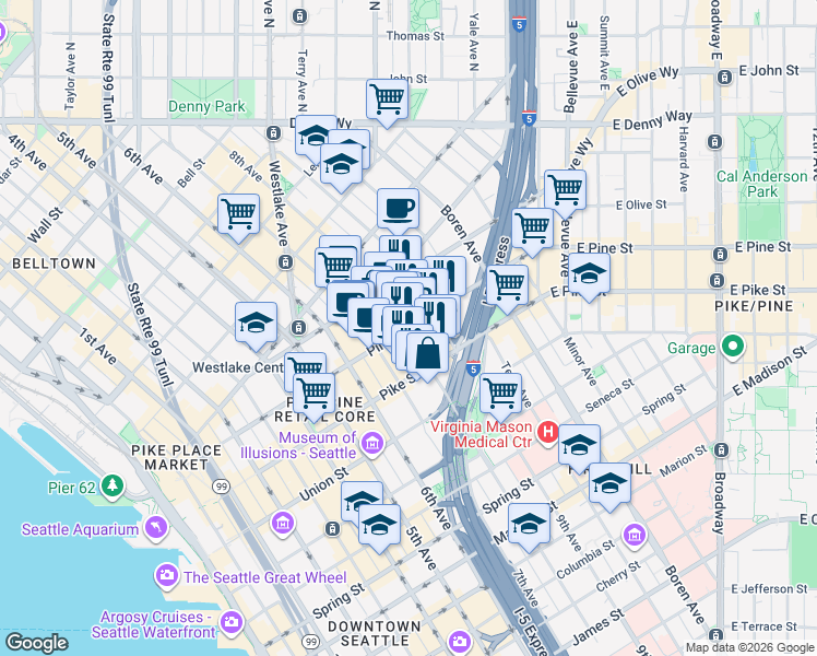 map of restaurants, bars, coffee shops, grocery stores, and more near in Seattle