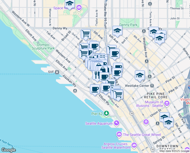 map of restaurants, bars, coffee shops, grocery stores, and more near 2225 1st Avenue in Seattle