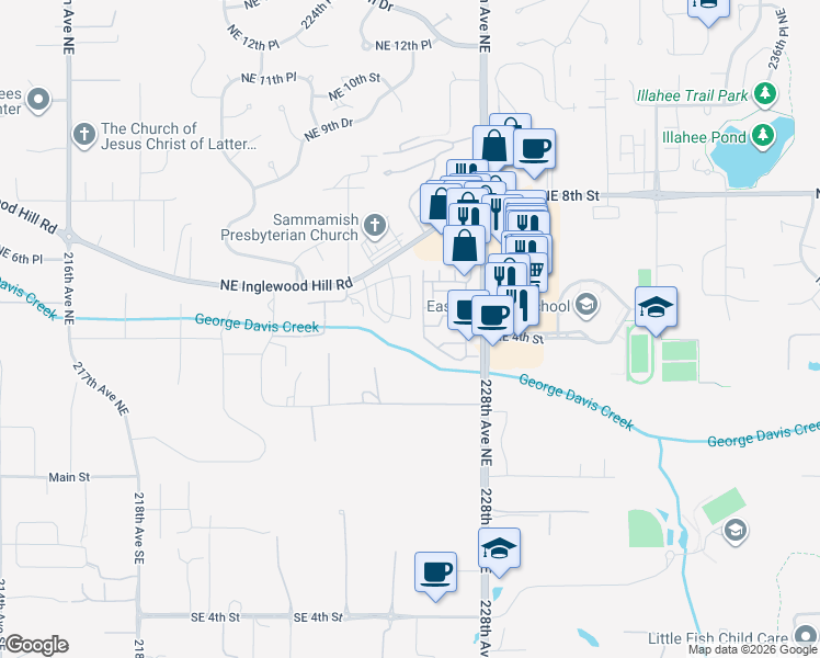 map of restaurants, bars, coffee shops, grocery stores, and more near 503 225th Lane Northeast in Sammamish