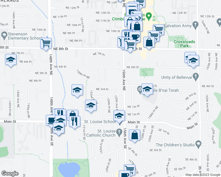 map of restaurants, bars, coffee shops, grocery stores, and more near 15412 Northeast 3rd Place in Bellevue