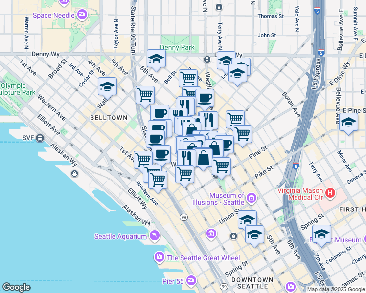 map of restaurants, bars, coffee shops, grocery stores, and more near 2001 4th Avenue in Seattle