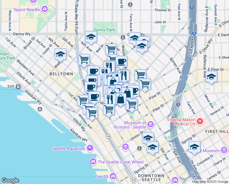 map of restaurants, bars, coffee shops, grocery stores, and more near 2001 4th Avenue in Seattle