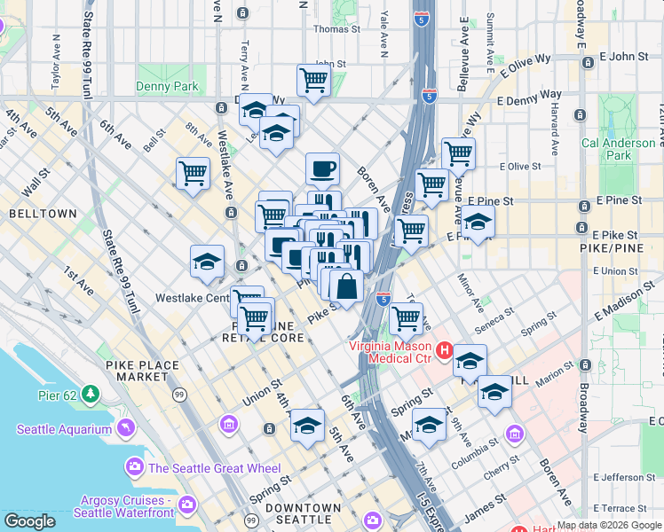 map of restaurants, bars, coffee shops, grocery stores, and more near 815 Pine Street in Seattle