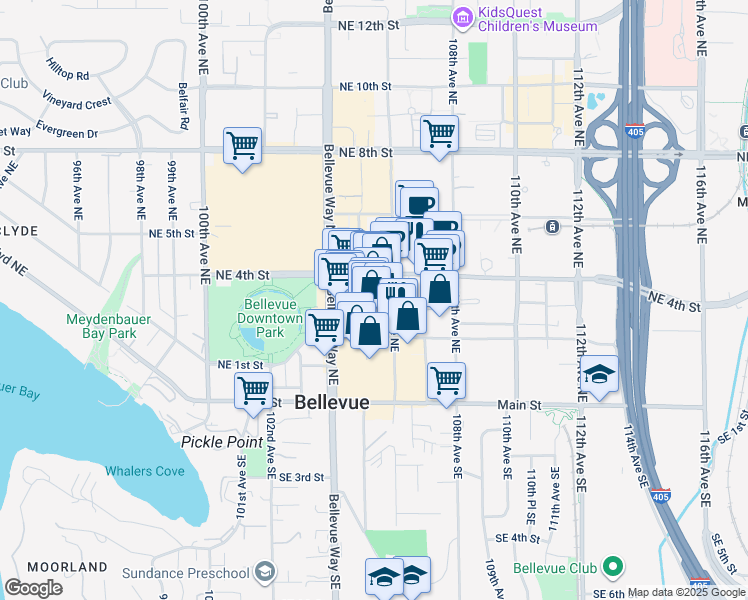 map of restaurants, bars, coffee shops, grocery stores, and more near 233 106th Avenue Northeast in Bellevue