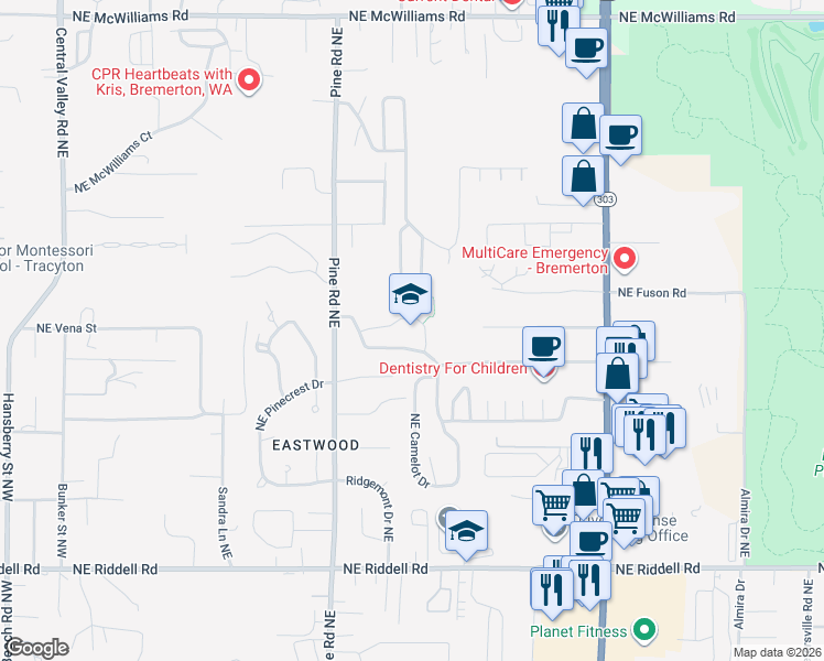 map of restaurants, bars, coffee shops, grocery stores, and more near 5530 Pine Road Northeast in Bremerton