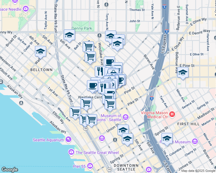 map of restaurants, bars, coffee shops, grocery stores, and more near 500 Olive Way in Seattle