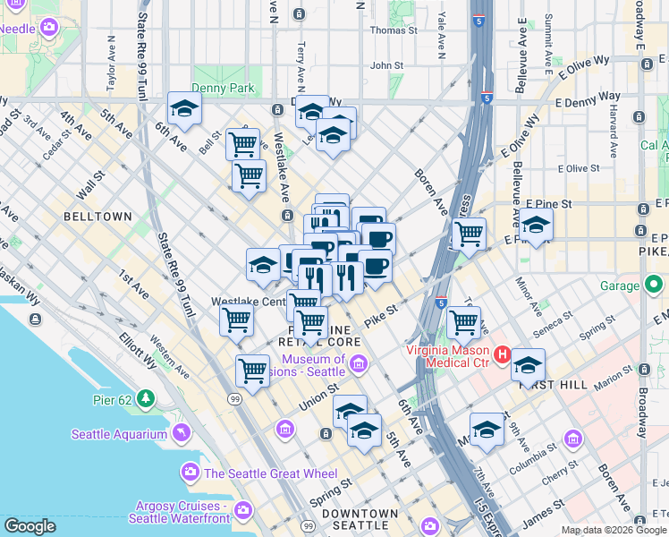 map of restaurants, bars, coffee shops, grocery stores, and more near 600 Pine Street in Seattle