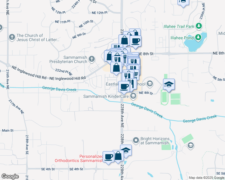 map of restaurants, bars, coffee shops, grocery stores, and more near 433 228th Avenue Northeast in Sammamish