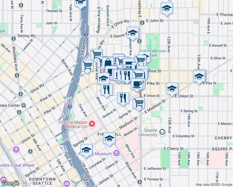 map of restaurants, bars, coffee shops, grocery stores, and more near 604 East Union Street in Seattle