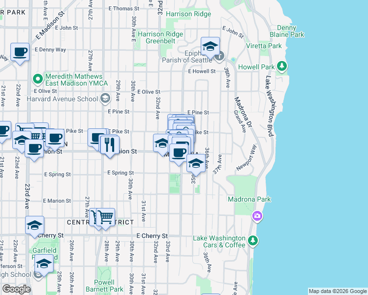 map of restaurants, bars, coffee shops, grocery stores, and more near in Seattle