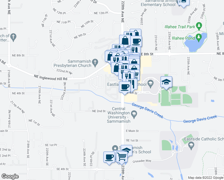map of restaurants, bars, coffee shops, grocery stores, and more near 433 228th Avenue Northeast in Sammamish