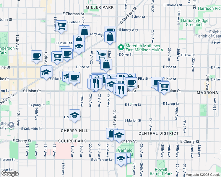 map of restaurants, bars, coffee shops, grocery stores, and more near 2101 East Union Street in Seattle