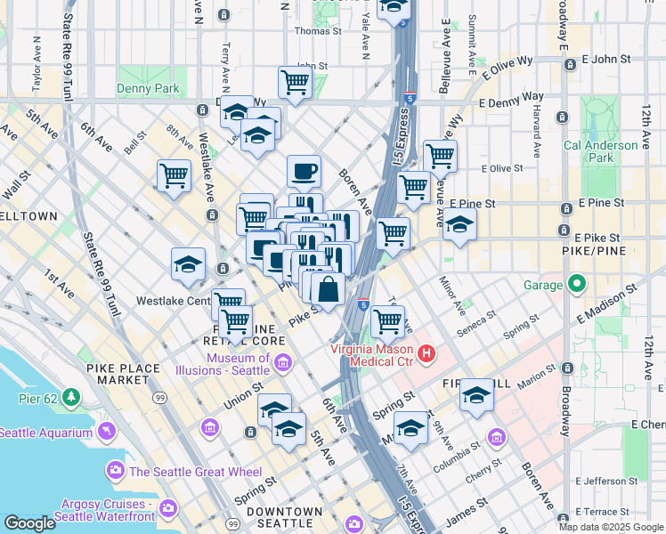 map of restaurants, bars, coffee shops, grocery stores, and more near 815 Pine Street in Seattle