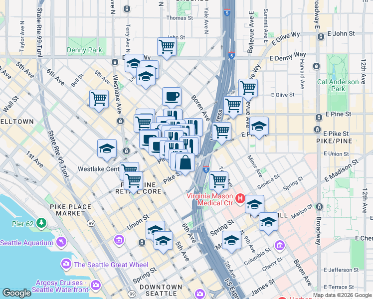 map of restaurants, bars, coffee shops, grocery stores, and more near 1525 9th Avenue in Seattle