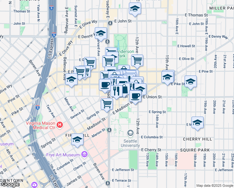 map of restaurants, bars, coffee shops, grocery stores, and more near 1010 East Union Street in Seattle