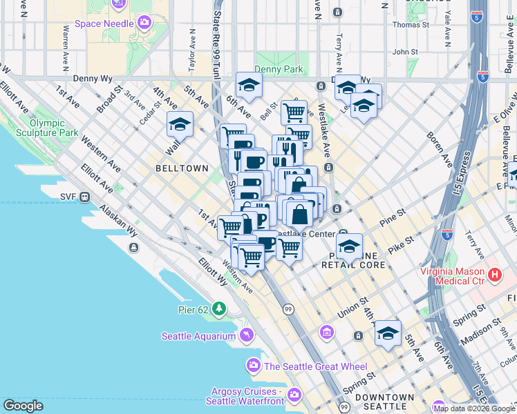 map of restaurants, bars, coffee shops, grocery stores, and more near 3rd Ave & Lenora St in Seattle