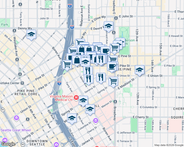 map of restaurants, bars, coffee shops, grocery stores, and more near 516 East Union Street in Seattle