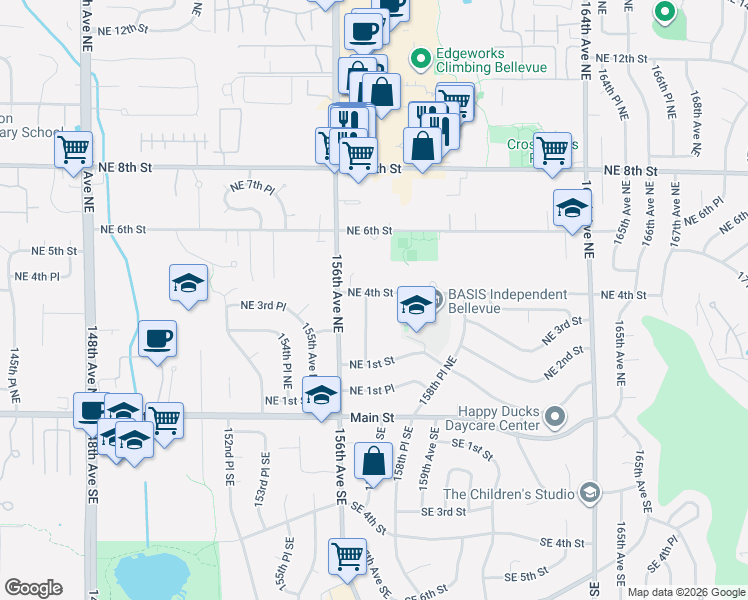 map of restaurants, bars, coffee shops, grocery stores, and more near 327 157th Avenue Northeast in Bellevue