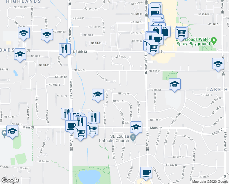 map of restaurants, bars, coffee shops, grocery stores, and more near 313 152nd Place Southeast in Bellevue