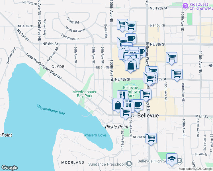 map of restaurants, bars, coffee shops, grocery stores, and more near 200 99th Avenue Northeast in Bellevue
