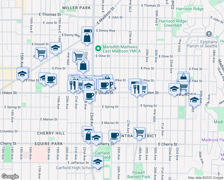 map of restaurants, bars, coffee shops, grocery stores, and more near 2510 East Union Street in Seattle