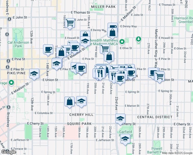 map of restaurants, bars, coffee shops, grocery stores, and more near 2018 East Union Street in Seattle