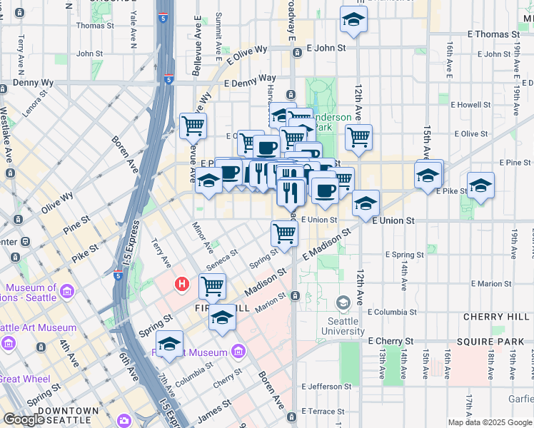 map of restaurants, bars, coffee shops, grocery stores, and more near 800 East Union Street in Seattle