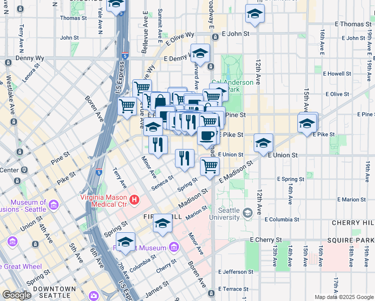 map of restaurants, bars, coffee shops, grocery stores, and more near 614 Boylston Avenue in Seattle