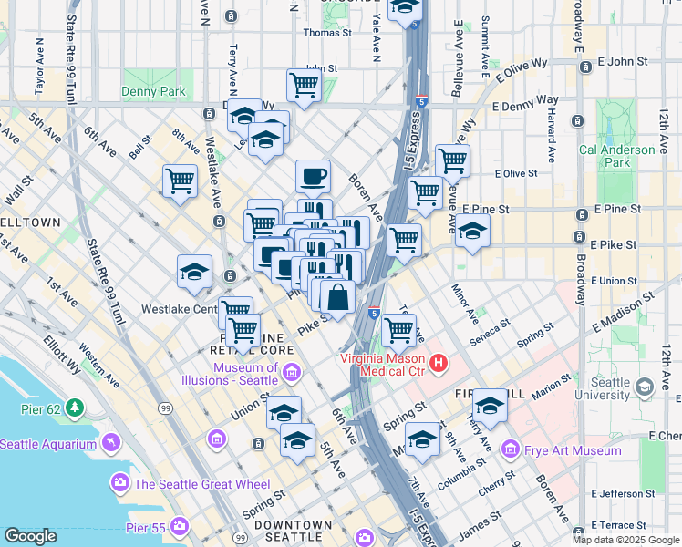 map of restaurants, bars, coffee shops, grocery stores, and more near 1525 9th Avenue in Seattle