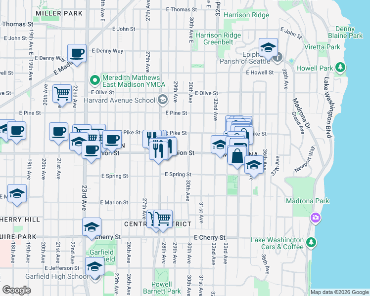 map of restaurants, bars, coffee shops, grocery stores, and more near 3006 East Union Street in Seattle