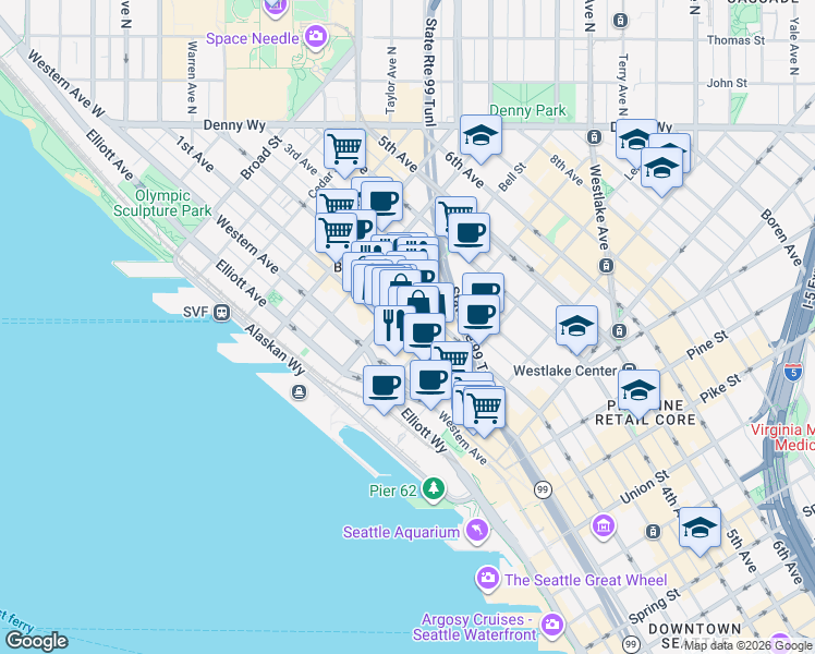 map of restaurants, bars, coffee shops, grocery stores, and more near 2225 1st Avenue in Seattle