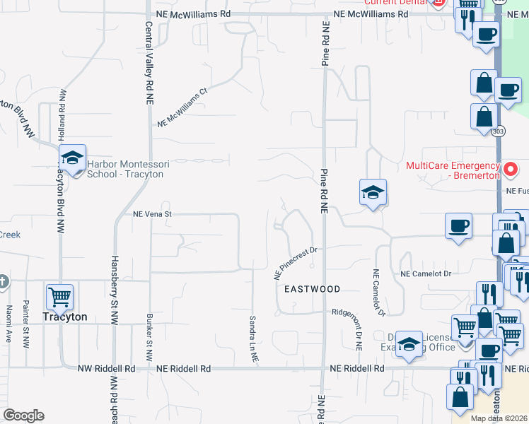 map of restaurants, bars, coffee shops, grocery stores, and more near 501 Ridge Lane Northeast in Bremerton