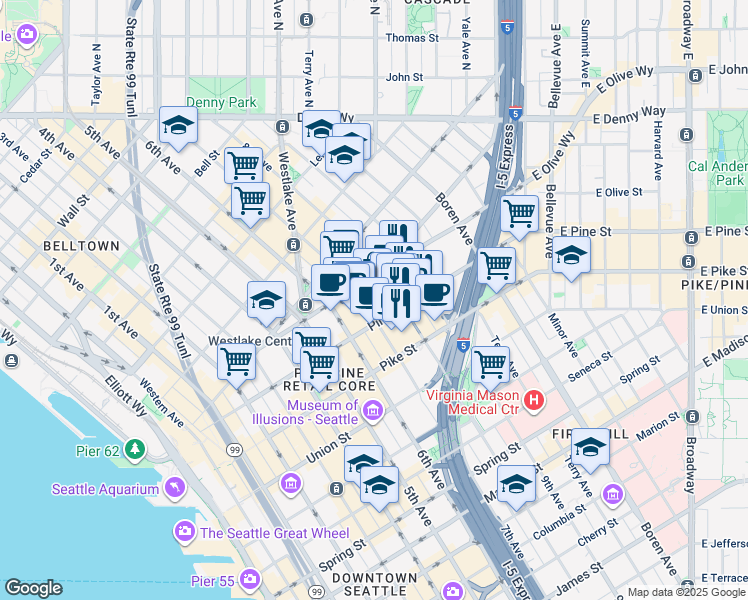 map of restaurants, bars, coffee shops, grocery stores, and more near 1600 7th Avenue in Seattle