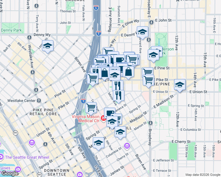 map of restaurants, bars, coffee shops, grocery stores, and more near 1412 Bellevue Avenue in Seattle