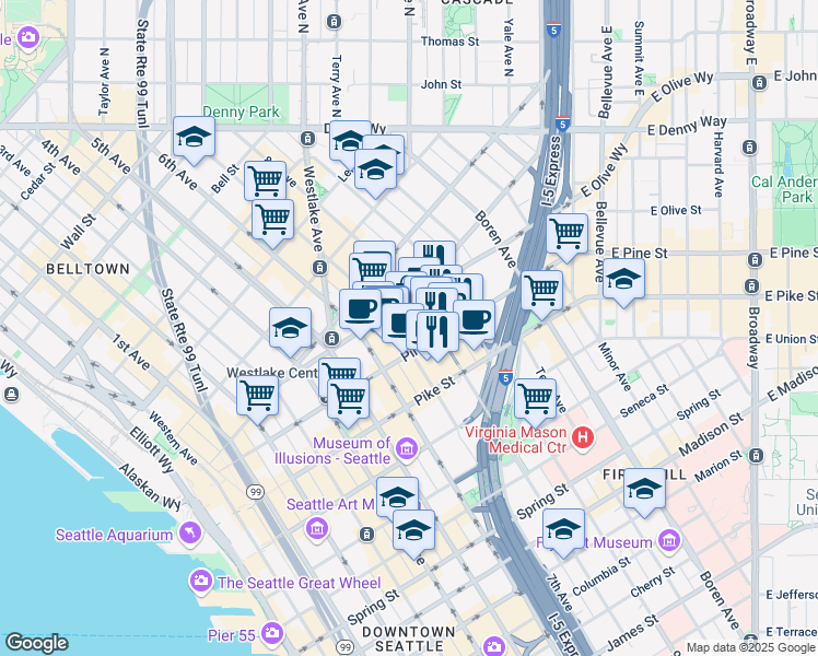 map of restaurants, bars, coffee shops, grocery stores, and more near 1635 8th Avenue in Seattle
