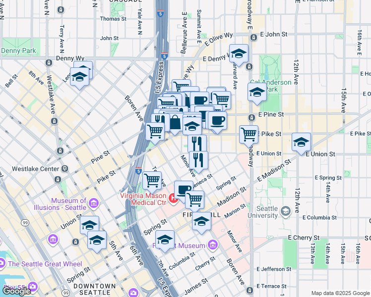 map of restaurants, bars, coffee shops, grocery stores, and more near 1412 Bellevue Avenue in Seattle