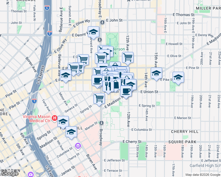 map of restaurants, bars, coffee shops, grocery stores, and more near 1010 East Union Street in Seattle