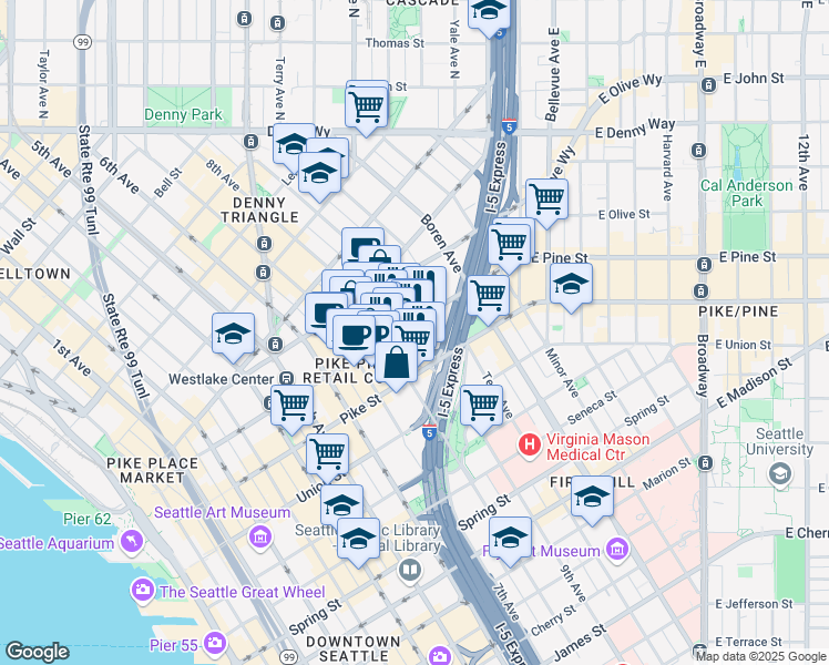 map of restaurants, bars, coffee shops, grocery stores, and more near in Seattle