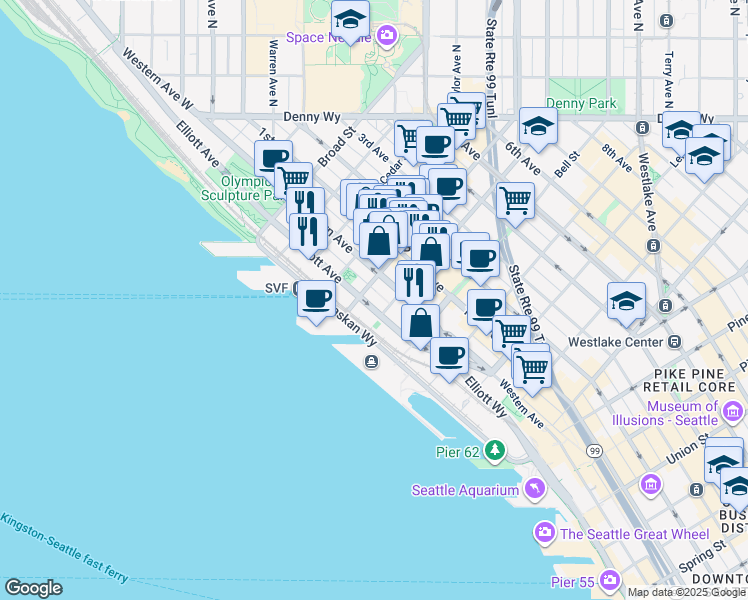 map of restaurants, bars, coffee shops, grocery stores, and more near 2400 Elliott Avenue in Seattle